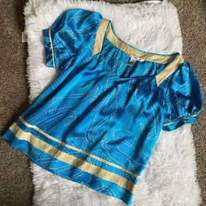 Diane Von Furstenberg Teal and Gold Short-Sleeve Silk Blouse